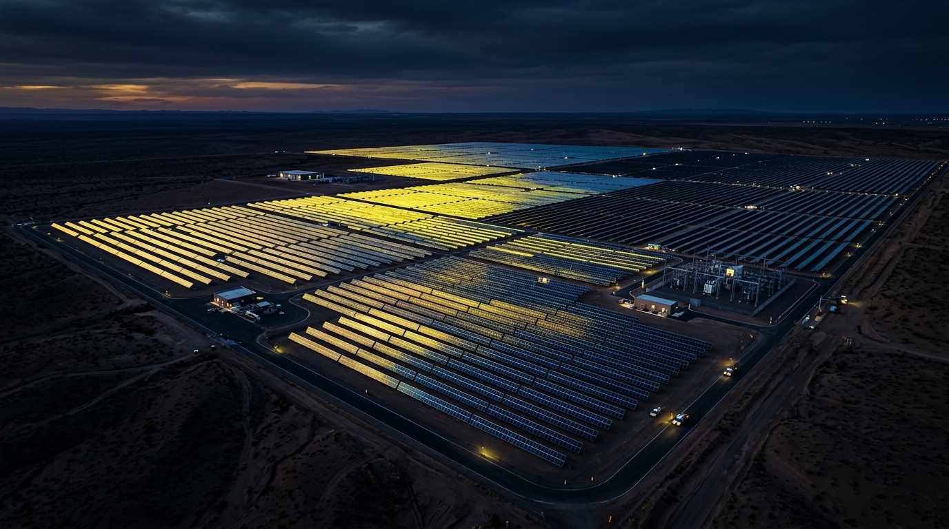 Large-scale industrial solar power plant at dusk